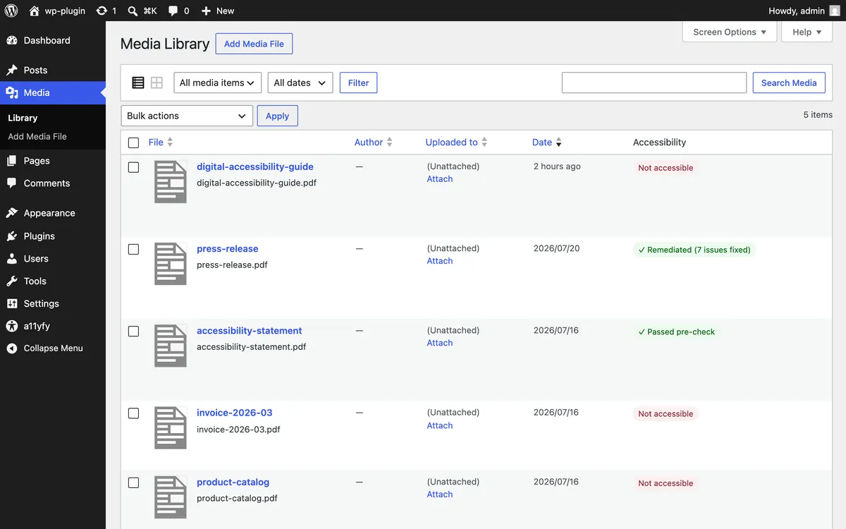 The WordPress Media Library list view with a new Accessibility column showing per-row status and action links.