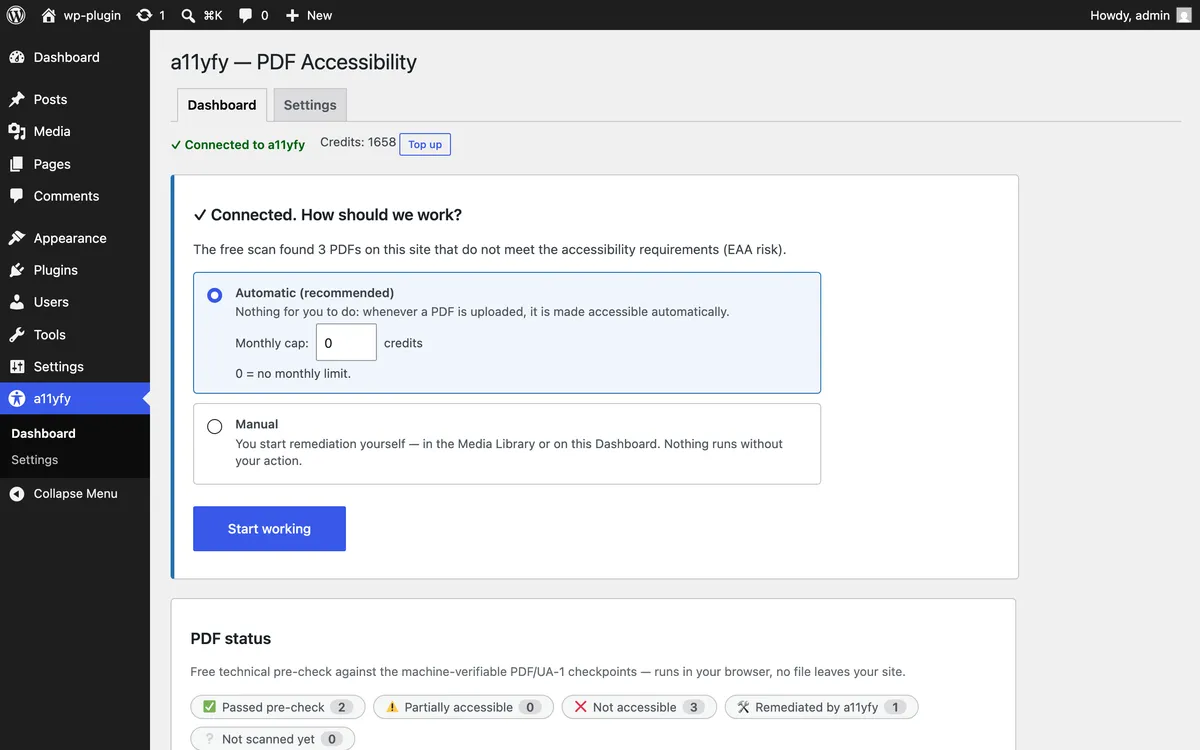 The plugin settings screen: a choice between automatic and manual remediation, with a monthly credit cap field below.
